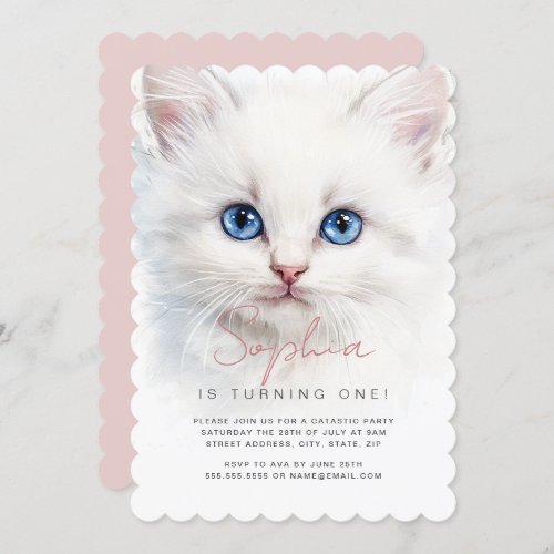 White Cat Girls First Birthday Party Invitation 