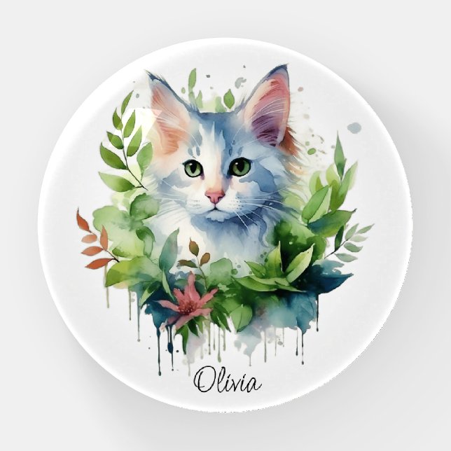 White Cat Green Leaves Watercolor Monogram  Paperweight (Front)