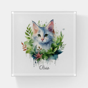 White Cat Greenery Watercolor Monogram Paperweight
