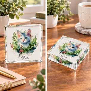 White Cat Greenery Watercolor Monogram Paperweight