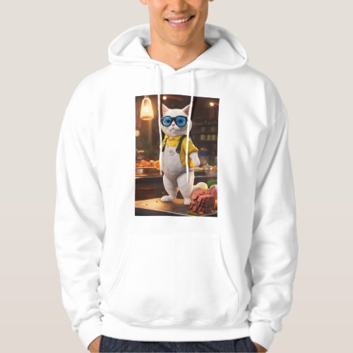 White Cat Grilling in Style with Yellow Short_Slee Hoodie