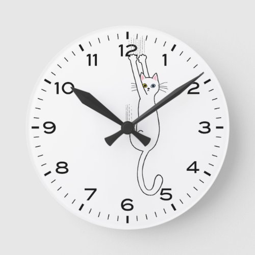 White Cat Hanging On Funny Clock with Numbers 