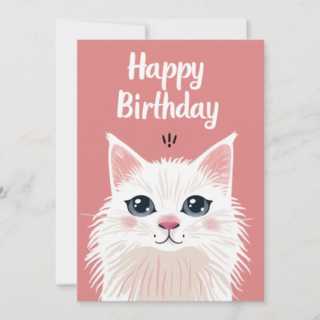 White cat happy birthday holiday card (Front)