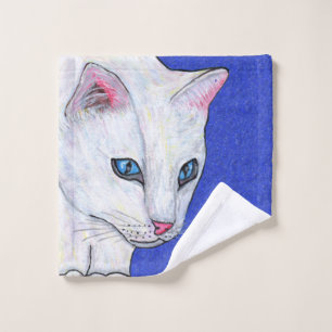 White Cat Head Face Bright Blue Eyes Wash Cloth