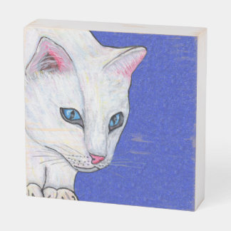 White Cat Head With Vibrant Blue Mysterious Eyes Wooden Box Sign