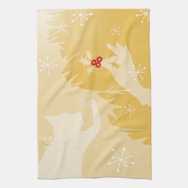 White Cat & Holly, gold, tea towel (Vertical)