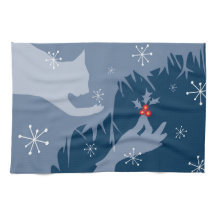 White Cat & Holly, midnight blue, tea towel