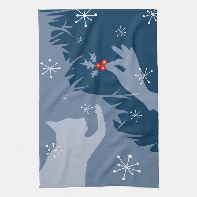 White Cat & Holly, midnight blue, tea towel (Vertical)