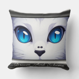 White Cat Illustration With Vibrant Blue Eyes Throw Pillow