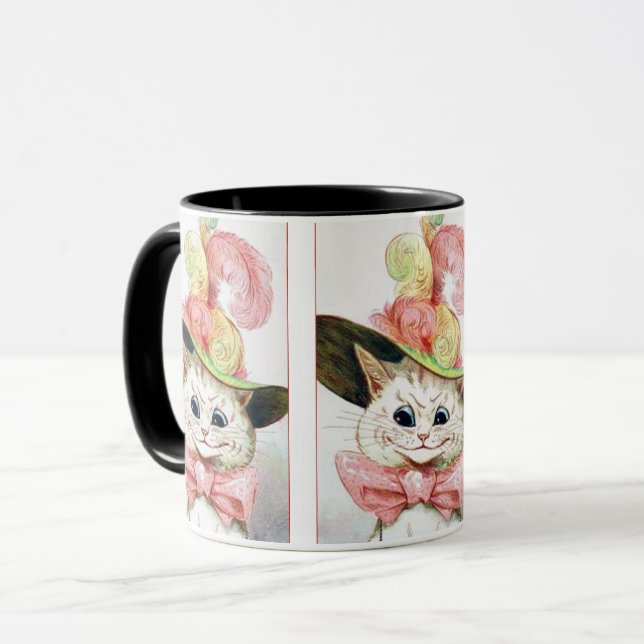 White Cat in a Fancy Hat Painting by Louis Wain Mug (Front Left)