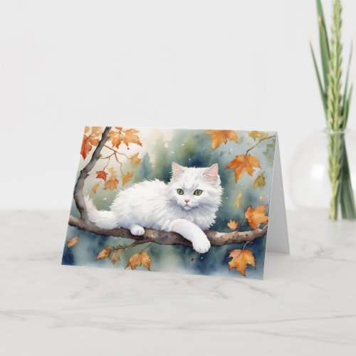 White Cat In Autumn Leaves Birthday Card