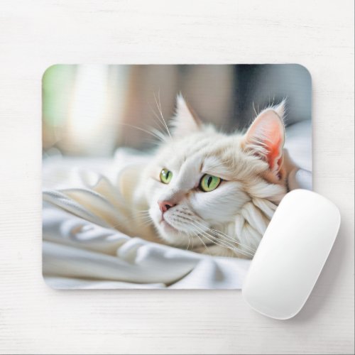 White Cat In Bed Mouse Pad