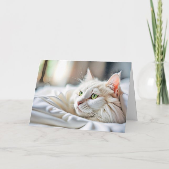 White Cat In Bed Thinking Of You Card (Front)