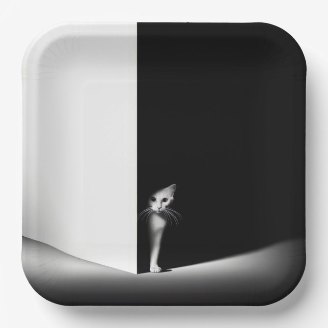 White Cat In Black Shadows Paper Plates (Front)