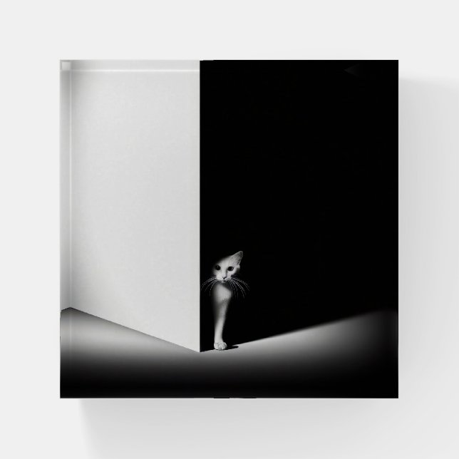 White Cat In Black Shadows Paperweight (Front)