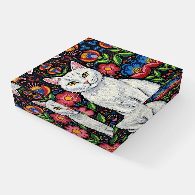 White Cat in Colorful Folk Art Flowers Paperweight (Angled)