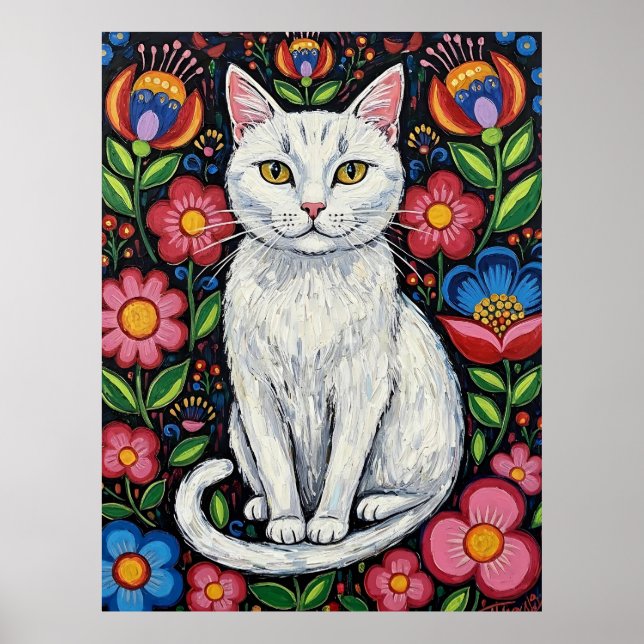White Cat in Colorful Folk Art Flowers Poster (Front)