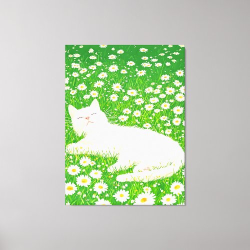 White Cat in Daisies Field Illustration Art Canvas Print