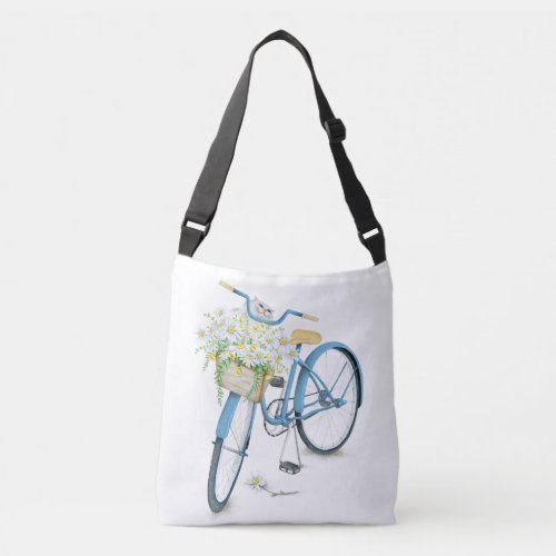 white cat in daisies on bicycle crossbody bag