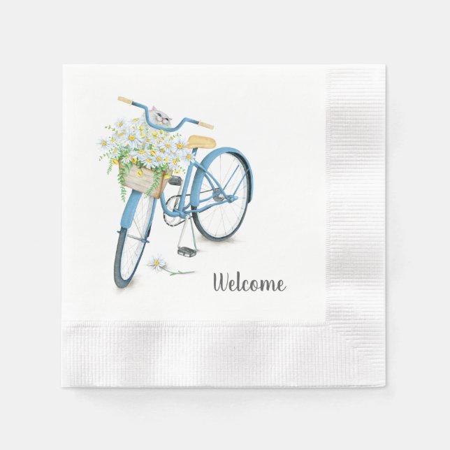 white cat in daisy basket on bike napkins (Front)