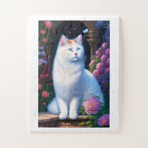 White Cat In Flower Garden Gift Jigsaw Puzzle