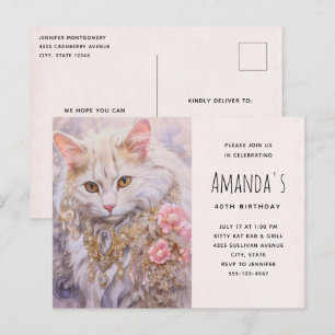 White Cat in Gold and Diamonds Birthday Invitation Postcard