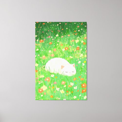 White Cat in Green Grass with Colorful Flowers Canvas Print