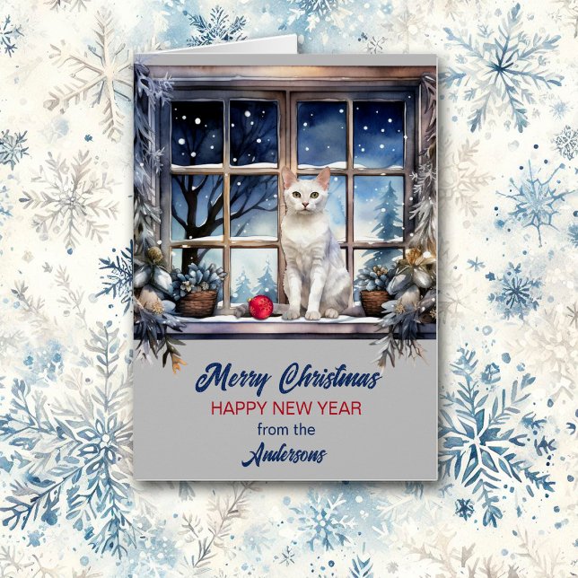 White Cat in Holiday Window Christmas Cards (Creator Uploaded)
