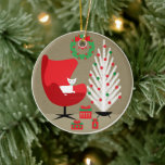 White Cat in Mid Century Christmas Room Ceramic Ornament