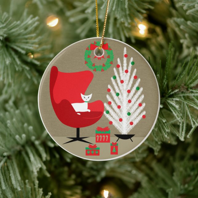 White Cat in Mid Century Christmas Room Ceramic Ornament (Tree)