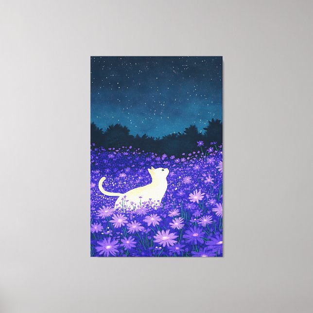 White Cat in Midnight Blossoms Canvas Print (Front)