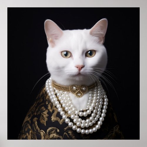 White Cat in Pearl Necklace  Poster