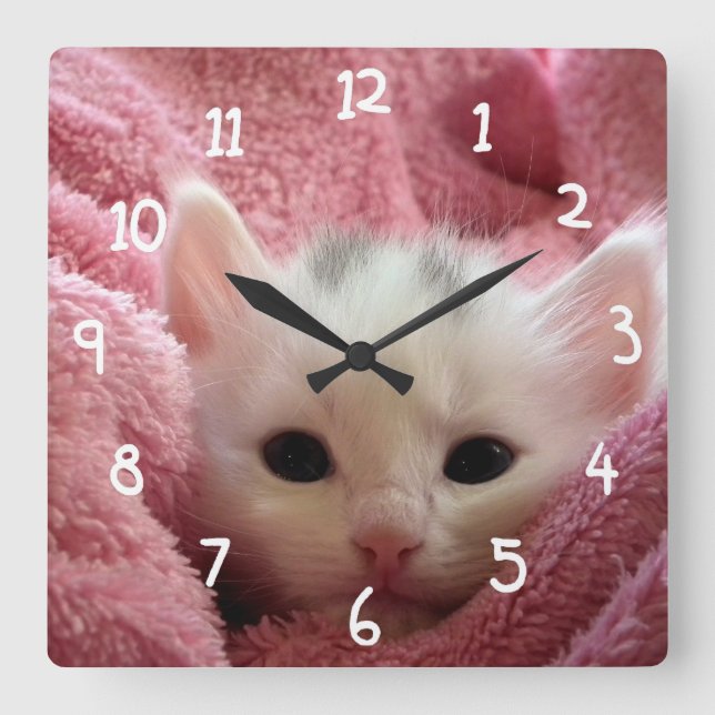 White cat in pink square wall clock (Front)