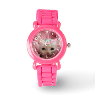 White cat in pink watch