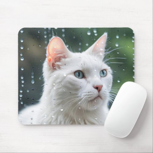 White Cat In Rainy Window Mouse Pad