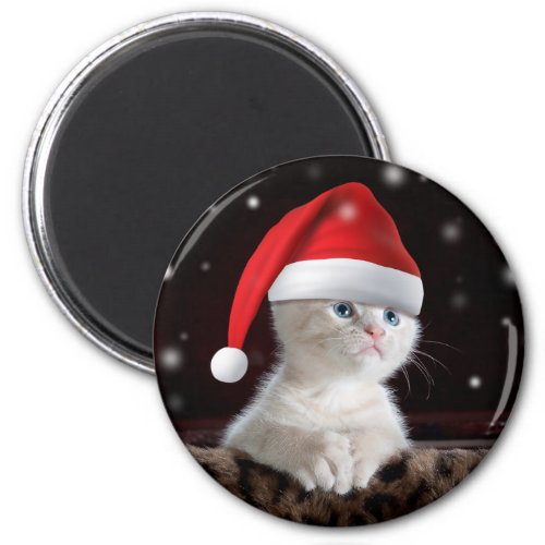 White Cat in Santa Claus Hat Magnet