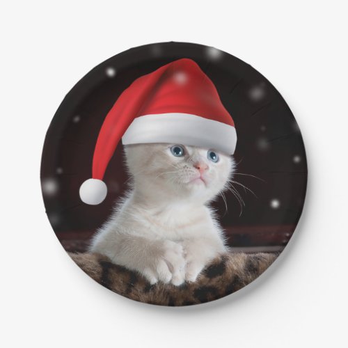 White Cat in Santa Claus Hat Paper Plates