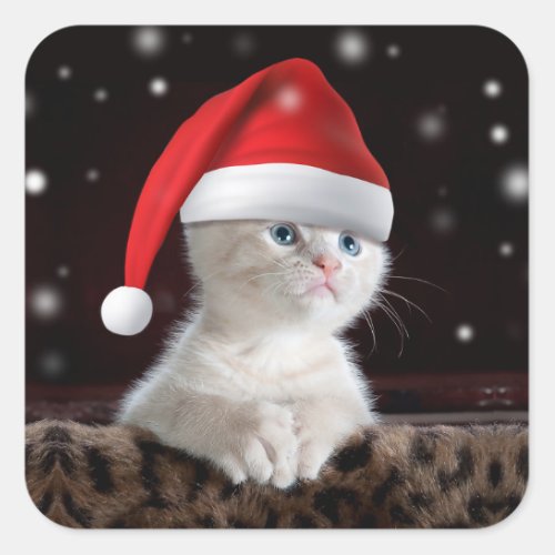 White Cat in Santa Claus Hat Square Sticker