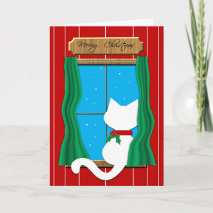 White Cat in Snowy Window - Meowy Christmas Card