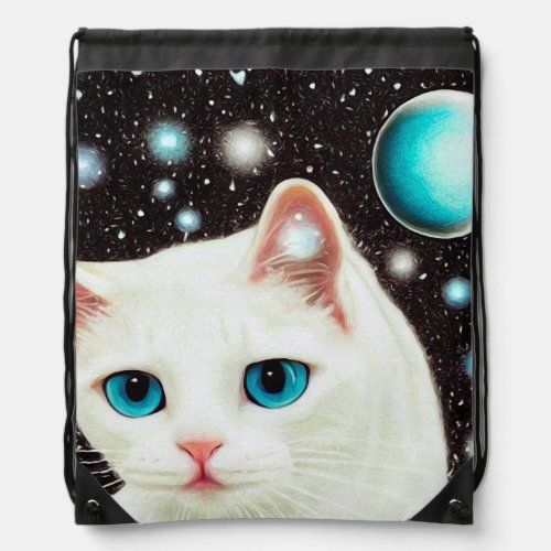 White Cat in Space Drawstring Bag
