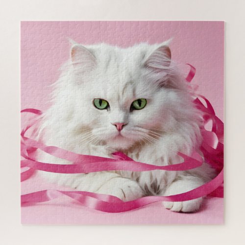 White Cat In Tangled In Pink Ribbons Jigsaw Puzzle