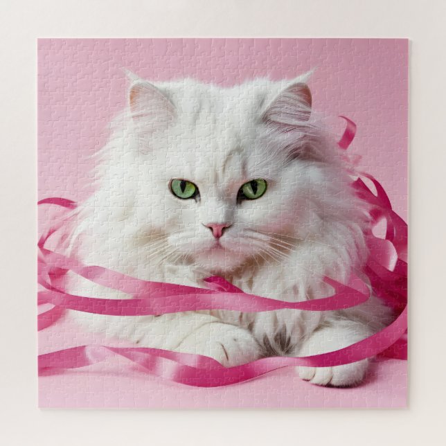 White Cat In Tangled In Pink Ribbons Jigsaw Puzzle (Horizontal)