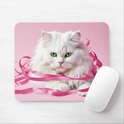 White Cat In Tangled In Pink Ribbons Mouse Pad