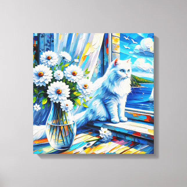 White Cat in Window sill Looking out at the Ocean Canvas Print | Zazzle