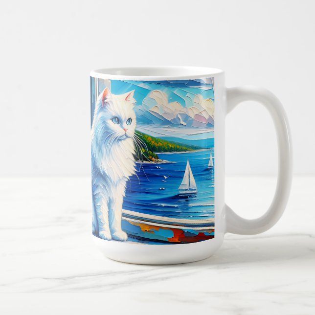 White Cat in Window sill Looking out at the Ocean Coffee Mug (Right)