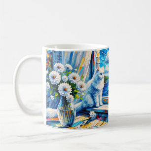 White Cat in Window sill Looking out at the Ocean Coffee Mug