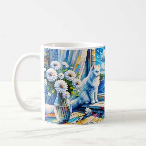 White Cat in Window sill Looking out at the Ocean Coffee Mug