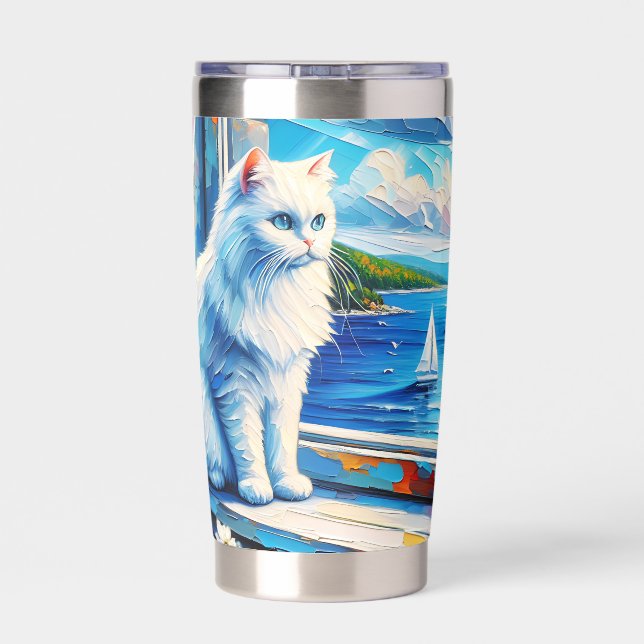 White Cat in Window sill Looking out at the Ocean Insulated Tumbler (Back)
