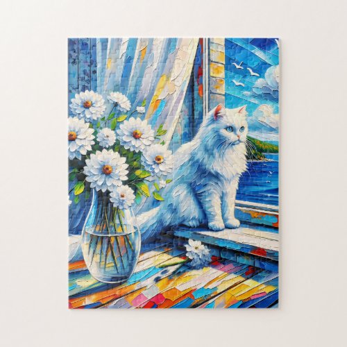 White Cat in Window sill Looking out at the Ocean Jigsaw Puzzle