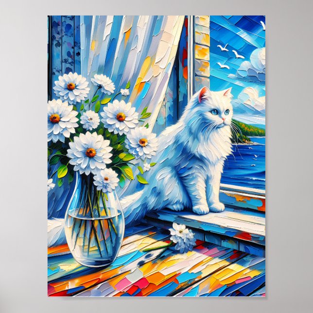 White Cat in Window sill Looking out at the Ocean Poster (Front)